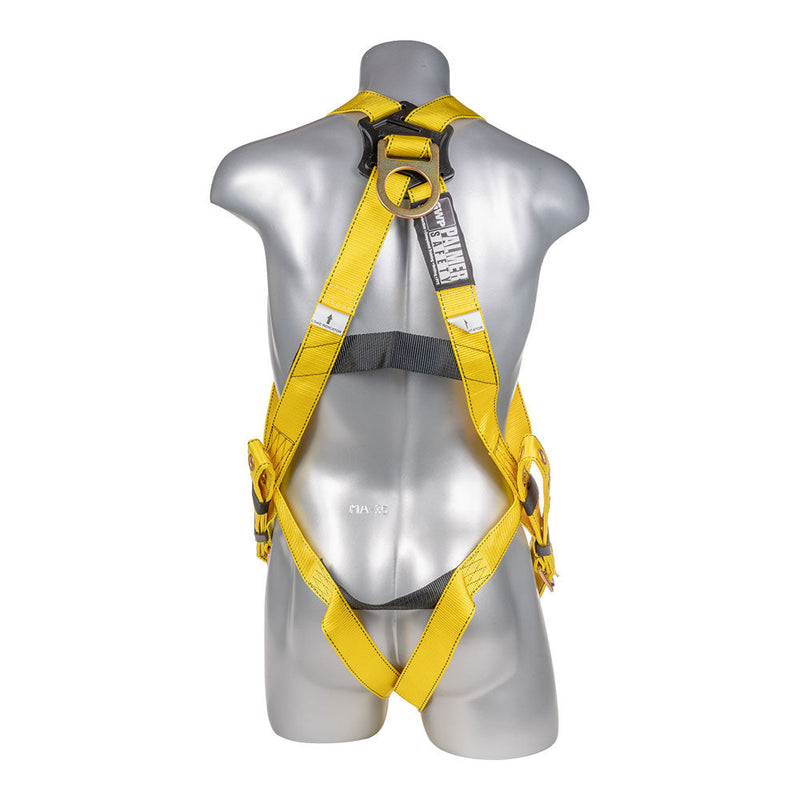Yellow Full body harness with 3 point adjustment, dorsal D-ring, tongue buckle leg strap. SKU H11210005