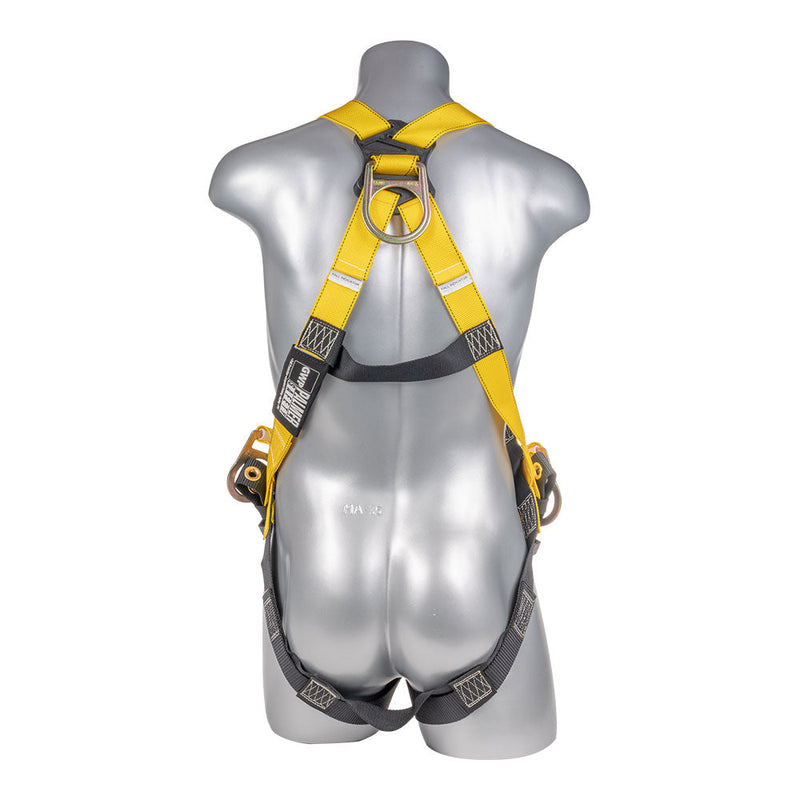Yellow Full body harness with 3 point adjustment, dorsal & hip D-ring, tongue buckle leg strap. SKU H11210105