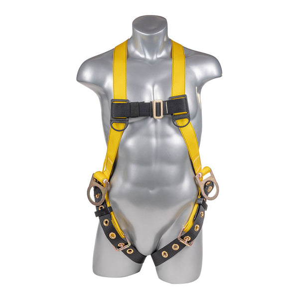 Yellow Full body harness with 3 point adjustment, dorsal & hip D-ring, tongue buckle leg strap. SKU H11210105