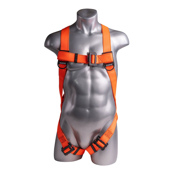 Orange Full body harness with 3 point adjustment, loop dorsal D-ring, mating buckle chest and leg straps. SKU H134200021