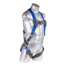 Blue top, black bottom. Full body harness with 5 point adjustment, dorsal D-ring, Side D-ring, pass though leg strap. SKU: H212101031