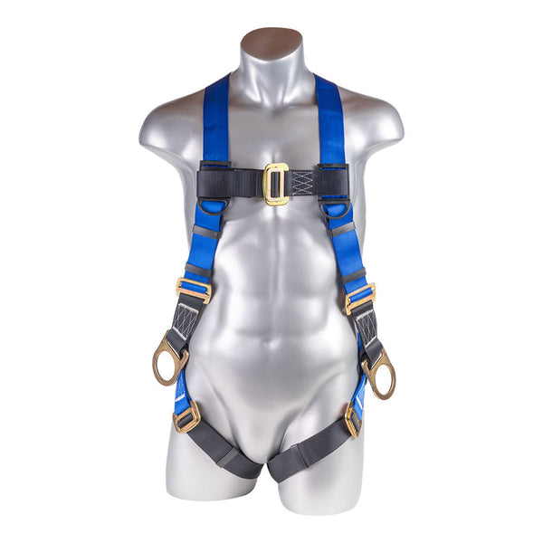 Blue top, black bottom. Full body harness with 5 point adjustment, dorsal D-ring, Side D-ring, pass though leg strap. SKU: H212101031