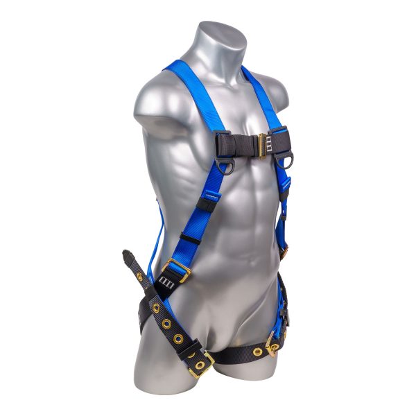 Blue top, black bottom. Full body harness with 5 point adjustment, dorsal D-ring, grommet leg strap. SKU H212100031