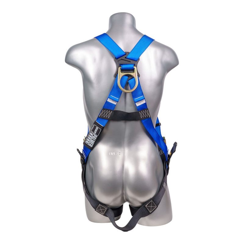 Blue top, black bottom. Full body harness with 5 point adjustment, dorsal D-ring, grommet leg strap. SKU H212100031