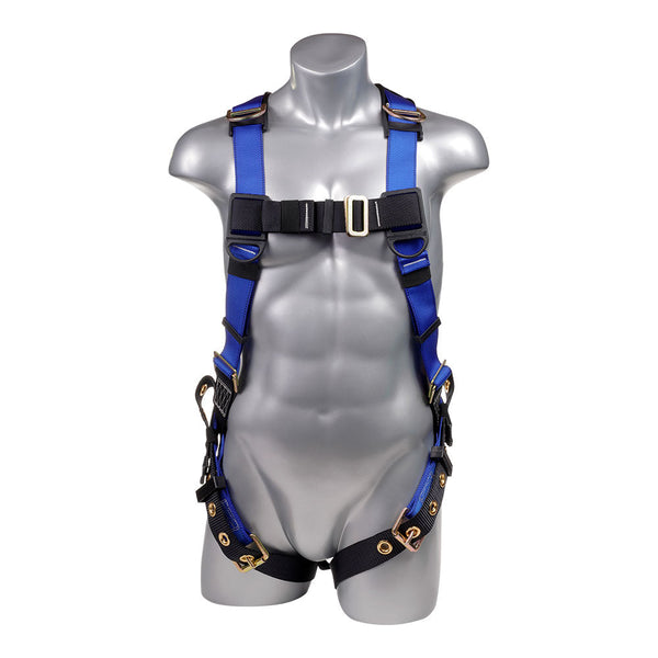 Blue top, black bottom. Full body harness with 5 point adjustment, dorsal D-ring, Confined Space D-ring. SKU H212300031