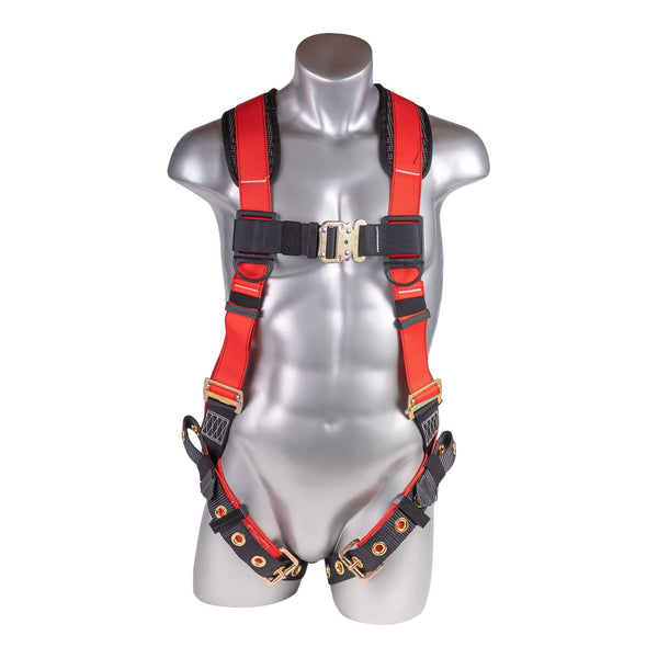 Red top, black bottom. Full body harness with 5 point adjustment, dorsal D-ring, grommet leg strap. H222100111