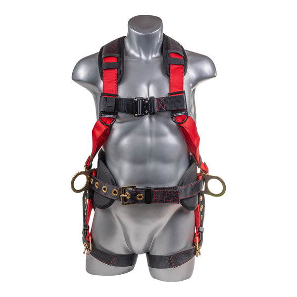 Red top Full body harness with 5 point adjustment, dorsal D-ring, hip D-rings, heavy duty back support. SKU H222101121