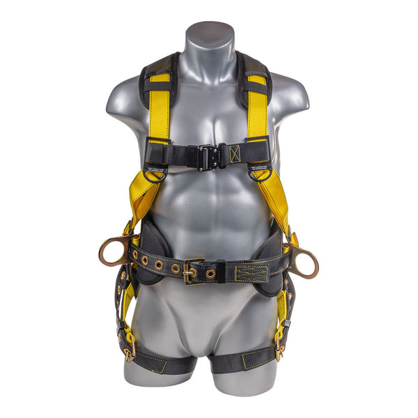 Yellow top Full body harness with 5 point adjustment, dorsal D-ring, hip D-rings, heavy duty back support. SKU H222101125
