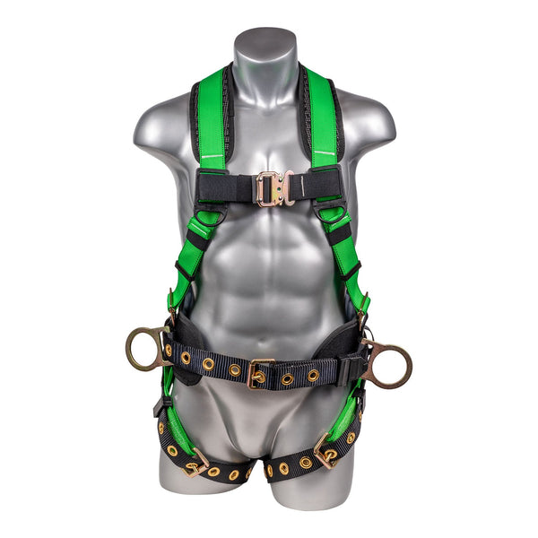 Green top Full body harness with 5 point adjustment, dorsal D-ring, hip D-rings, heavy duty back support/positioning pad with tool belt.SKU H222101126