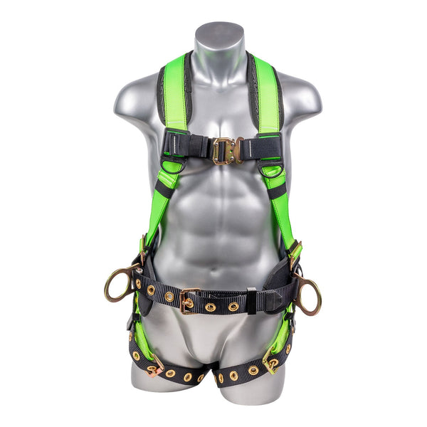 High Vis Green Full body harness with 5 point adjustment, dorsal D-ring, hip D-rings, heavy duty back support. SKU H222101128