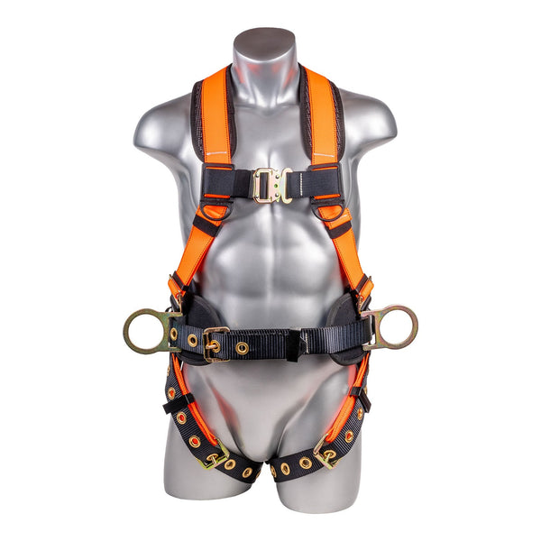 High Vis Orange Full body harness with 5 point adjustment, dorsal D-ring, hip D-rings, heavy duty back support. SKU H222101129S