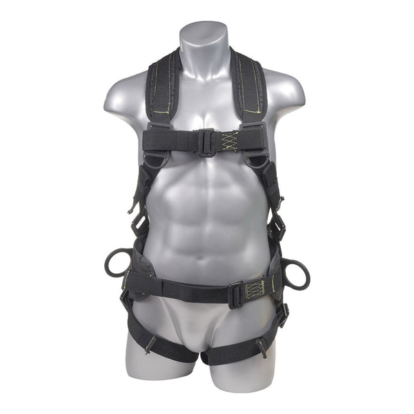 Harness Black top, black bottom. Full body harness with 5 point adjustment, dorsal D-ring, Side D-ring. SKU H234302122