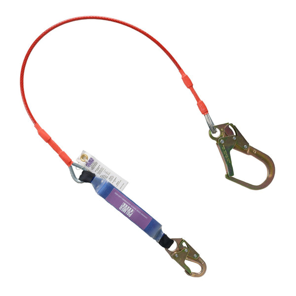 Foot level or head level Tie-back leading edge single leg shock absorbing lanyard with one forged snap hook with one rebar hook. SKU L712113