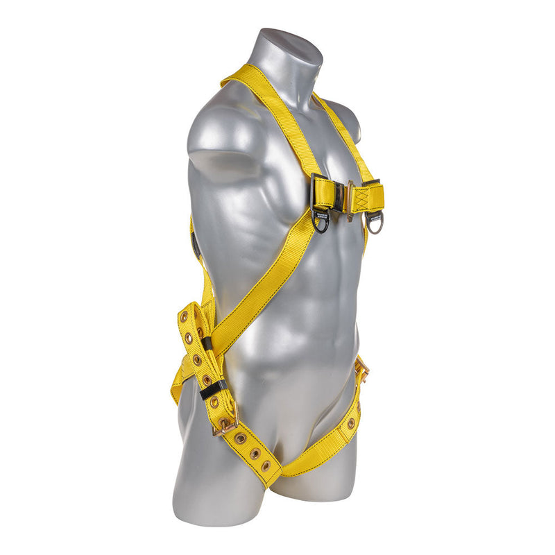 Yellow Full body harness with 3 point adjustment, dorsal D-ring, tongue buckle leg strap. SKU H11210005