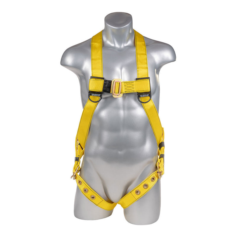 Yellow Full body harness with 3 point adjustment, dorsal D-ring, tongue buckle leg strap. SKU H11210005