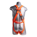 Orange Full body harness with 3 point adjustment, loop dorsal D-ring, mating buckle chest and leg straps. SKU H134200021