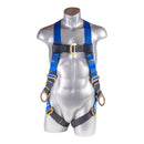 Blue top, black bottom. Full body harness with 5 point adjustment, dorsal D-ring, Side D-ring, pass though leg strap. SKU: H212101031