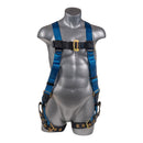 Blue top, black bottom. Full body harness with 5 point adjustment, dorsal D-ring, grommet leg strap. SKU H212100031