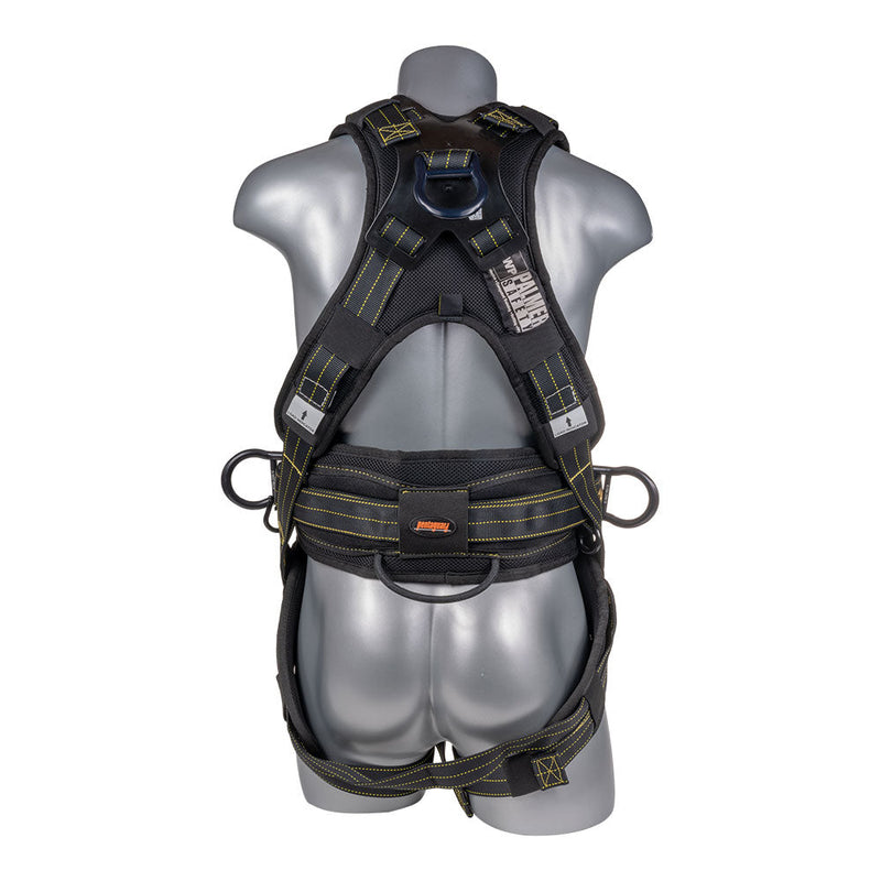 Black top , black padding , 5 point , QCB, padded back sewn in , grommet padded legs. Positioning belt black. 3 D-ring. SRL Loop