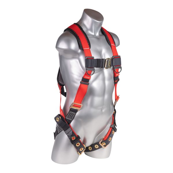 Red top, black bottom. Full body harness with 5 point adjustment, dorsal D-ring, grommet leg strap. H222100111