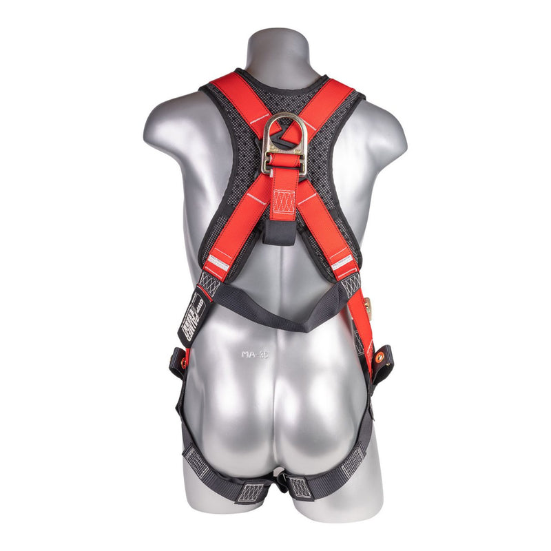 Red top, black bottom. Full body harness with 5 point adjustment, dorsal D-ring, grommet leg strap. H222100111