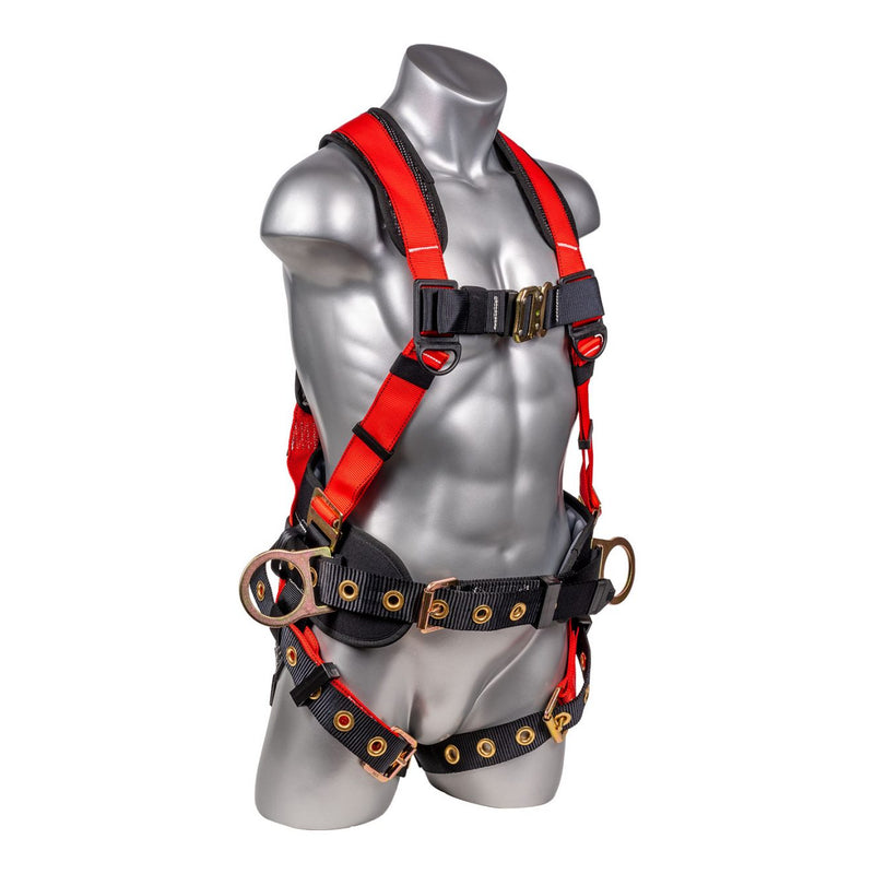 Red top Full body harness with 5 point adjustment, dorsal D-ring, hip D-rings, heavy duty back support. SKU H222101121