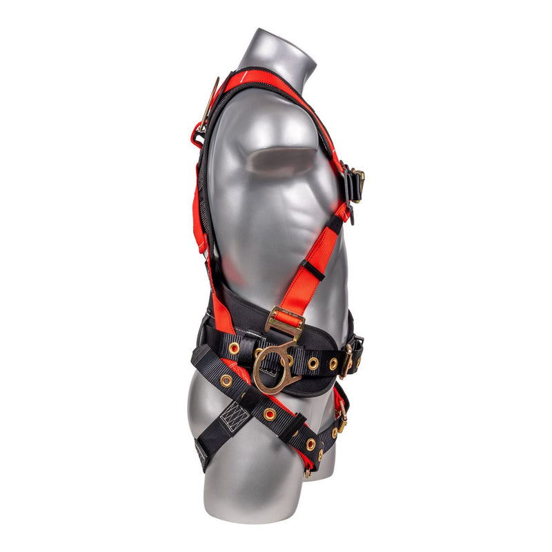 Red top Full body harness with 5 point adjustment, dorsal D-ring, hip D-rings, heavy duty back support. SKU H222101121