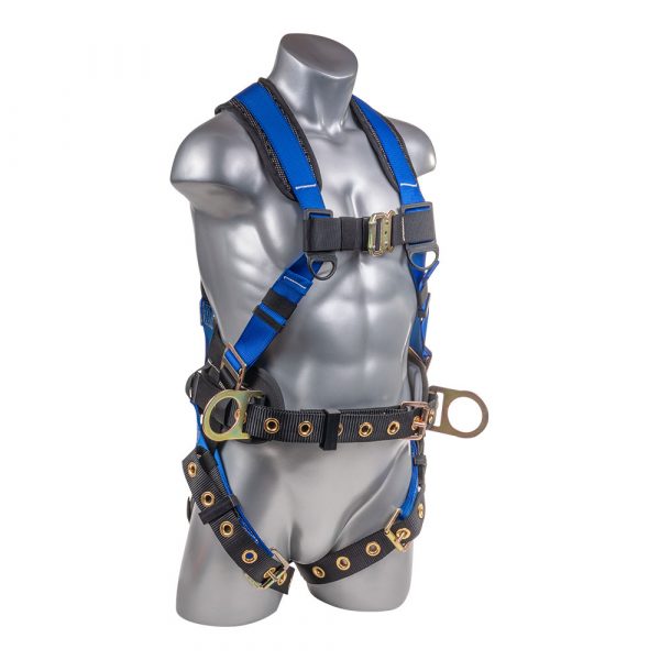 Blue top Full body harness with 5 point adjustment, dorsal D-ring, hip D-rings, heavy duty back support. SKU H222101123