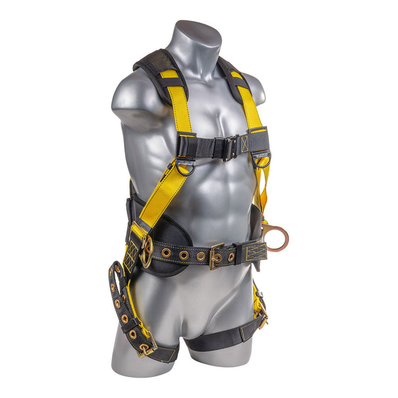 Yellow top Full body harness with 5 point adjustment, dorsal D-ring, hip D-rings, heavy duty back support. SKU H222101125