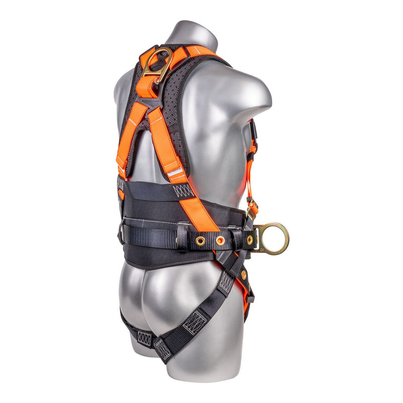 High Vis Orange Full body harness with 5 point adjustment, dorsal D-ring, hip D-rings, heavy duty back support. SKU H222101129S