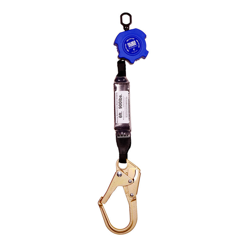 6ft. Retractable web, light weight plastic housing, external shock-pack, 2¼" hook, ½" carabiner included. SKU: SRL121122