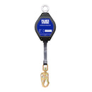 15 ft. Retractable web, swivel top aluminum housing, build in shock-pack, swivel ¾" load indicator hook, ½" carabiner. SKU SRL521311